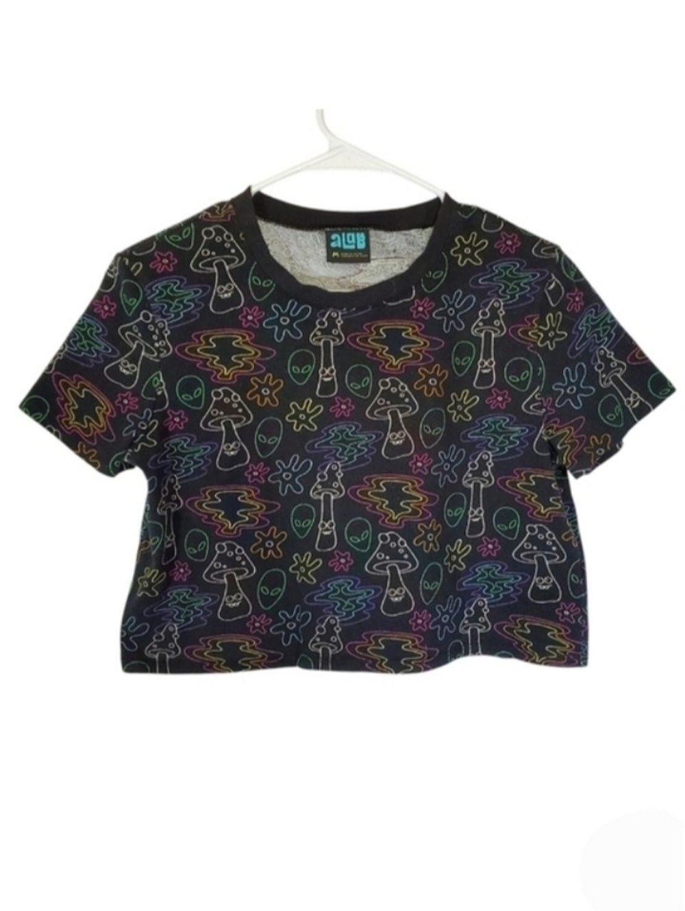 1507 * A.Lab Quinnie Allover Mushroom Print Crop Top Black Size M